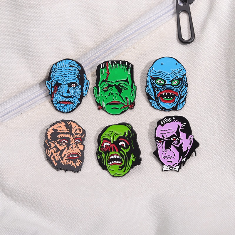 Classic Monster Character Badge Collection Set: Frankenstein, Monster, Werewolf, Alien, Zombie
