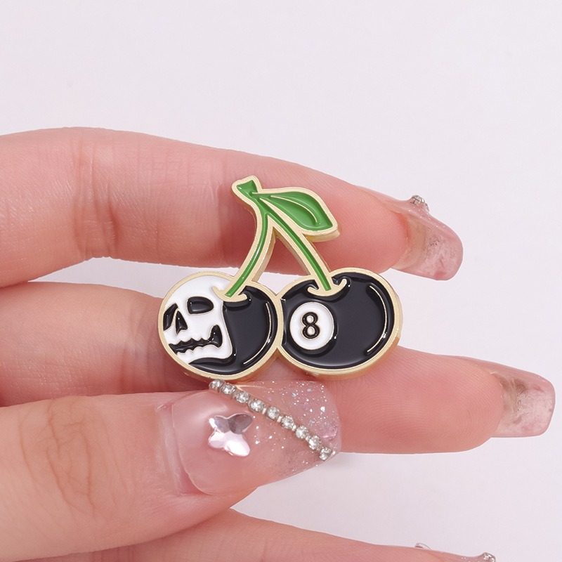Interesting Black Eight Ball and Cherry Brooch, Creative Fruit-themed Metal Pin Badge, Minimalist Clothing Lapel Pin Accessory