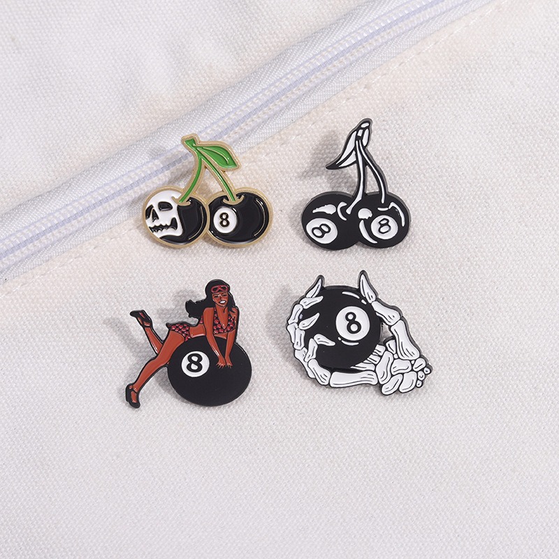 Interesting Black Eight Ball and Cherry Brooch, Creative Fruit-themed Metal Pin Badge, Minimalist Clothing Lapel Pin Accessory