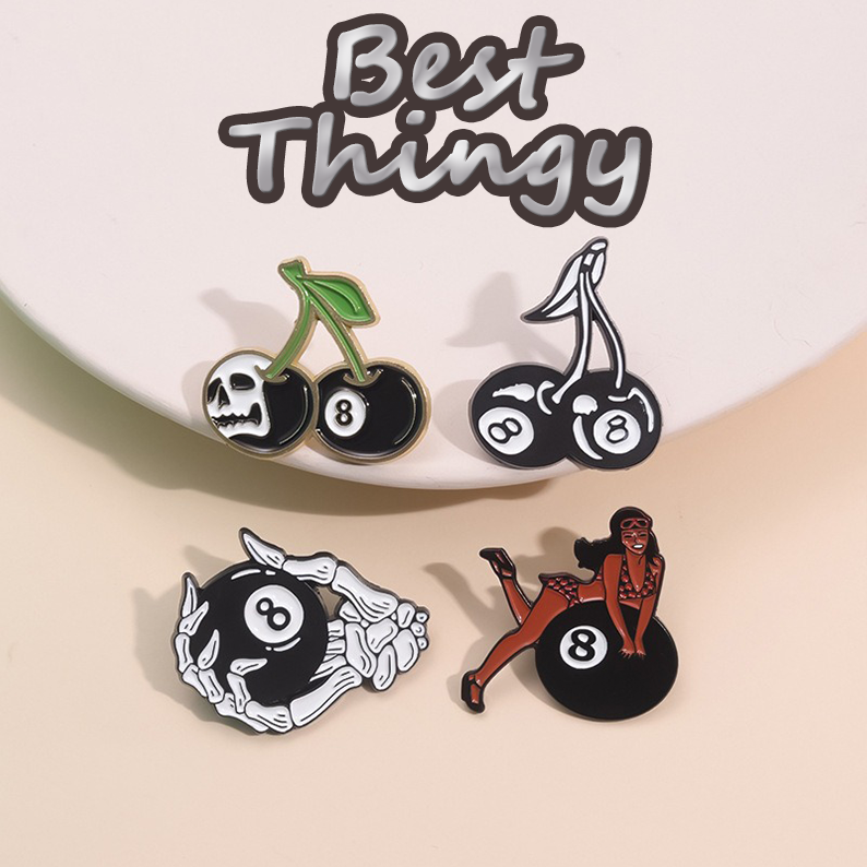 Interesting Black Eight Ball and Cherry Brooch, Creative Fruit-themed Metal Pin Badge, Minimalist Clothing Lapel Pin Accessory
