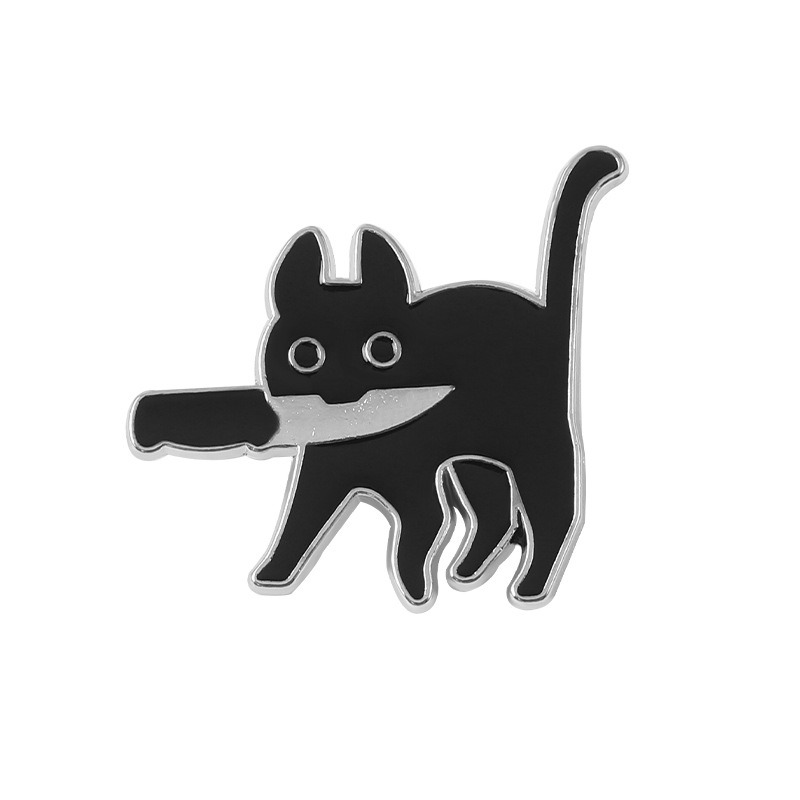 Cartoon Cat Holding a Knife Design Metal Enamel Pin Badge, Unique Personalized Small Knife Dark Style Lapel Pin Accessory Badge