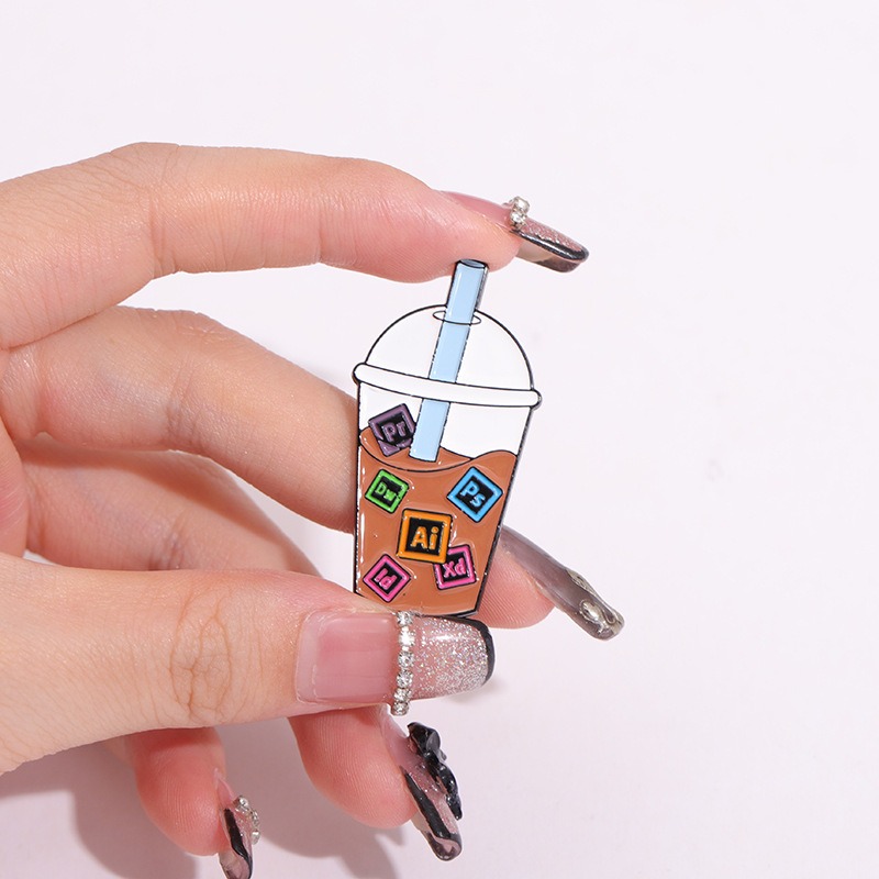 New Pin Badge Accessory, Milk Tea Cup Letter Design Brooch, Creative Cartoon Chest Badge, Unique Clothing and Backpack Decorative Accessory