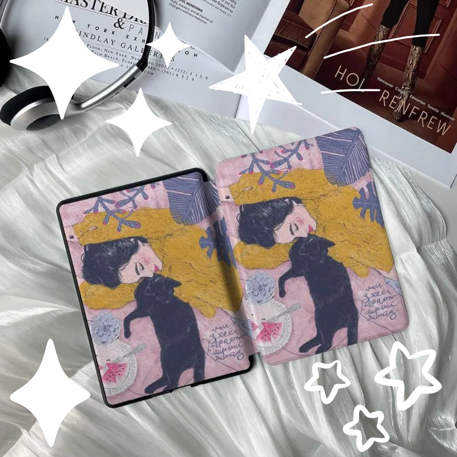 Cozy Vibes Girl & Cat Pattern Kindle Cover Compatible with Kindle Paperwhite 6.8