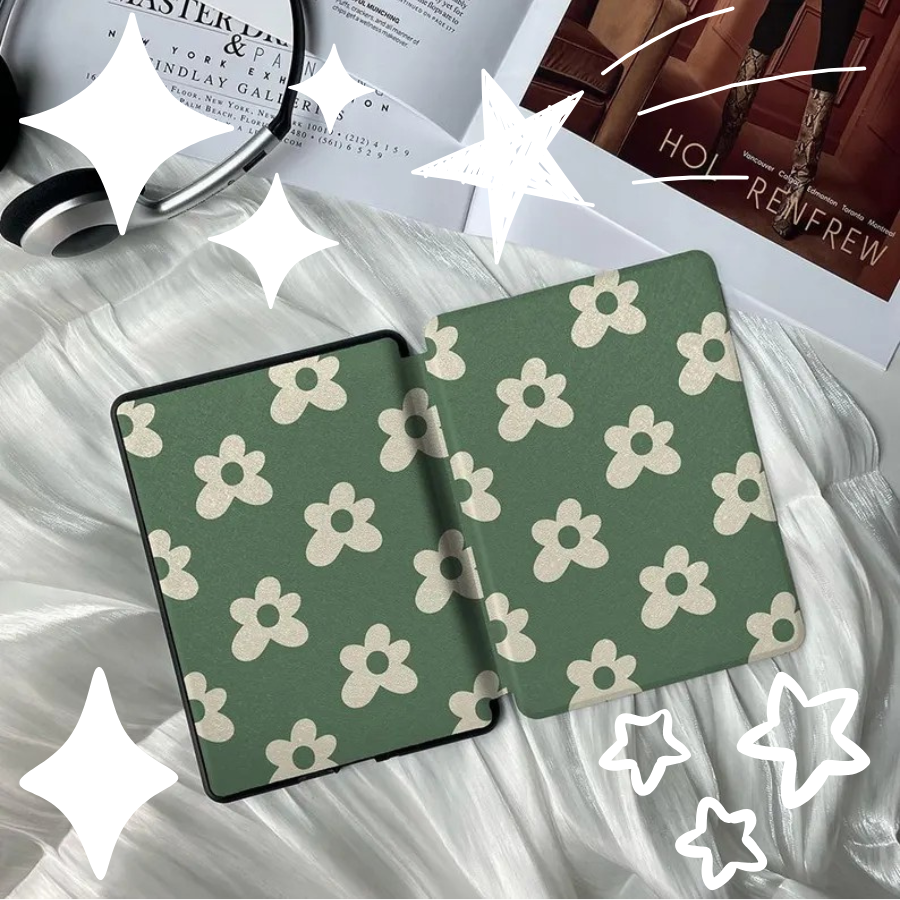 Minimalist Blossoming Flowers Matcha-Colored Kindle Cover Compatible with Kindle Paperwhite 11th Gen All Models - Personalized Gift for Her