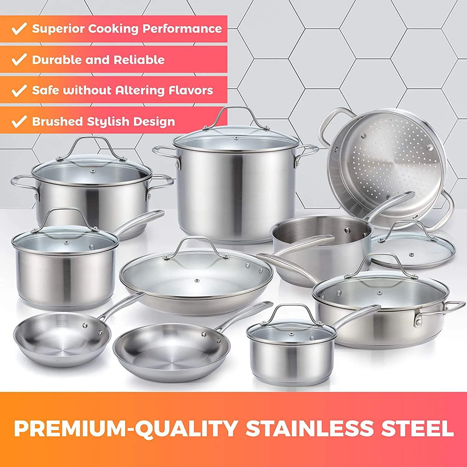Pots and Pans Set 17-Piece. Ultra-Clad Pro Stainless Steel Cookware Set. Ergonomic and EverCool Stainless Steel Handle. Includes Saucepans. Skillets. Dutch Oven. Stockpot. Steamer and More