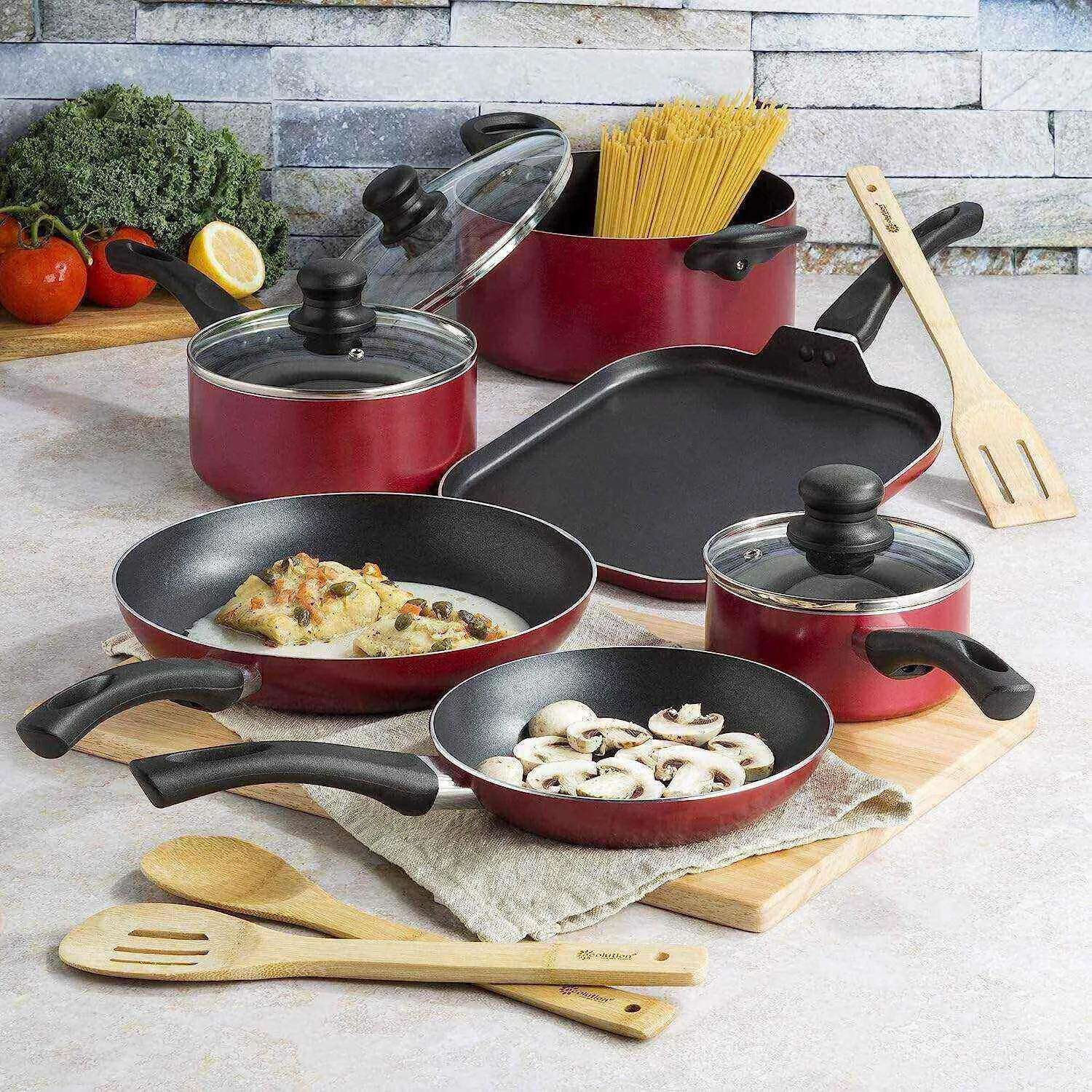 Ecolution Easy Clean Juego de utensilios de cocina antiadherentes, cuenta con elementos esenciales de cocina, juego de utensilios de cocina de bambú, tapas de vidrio ventiladas, asas ergonómicas, fabricado sin PFOA, apto para lavavajillas, 20 piezas