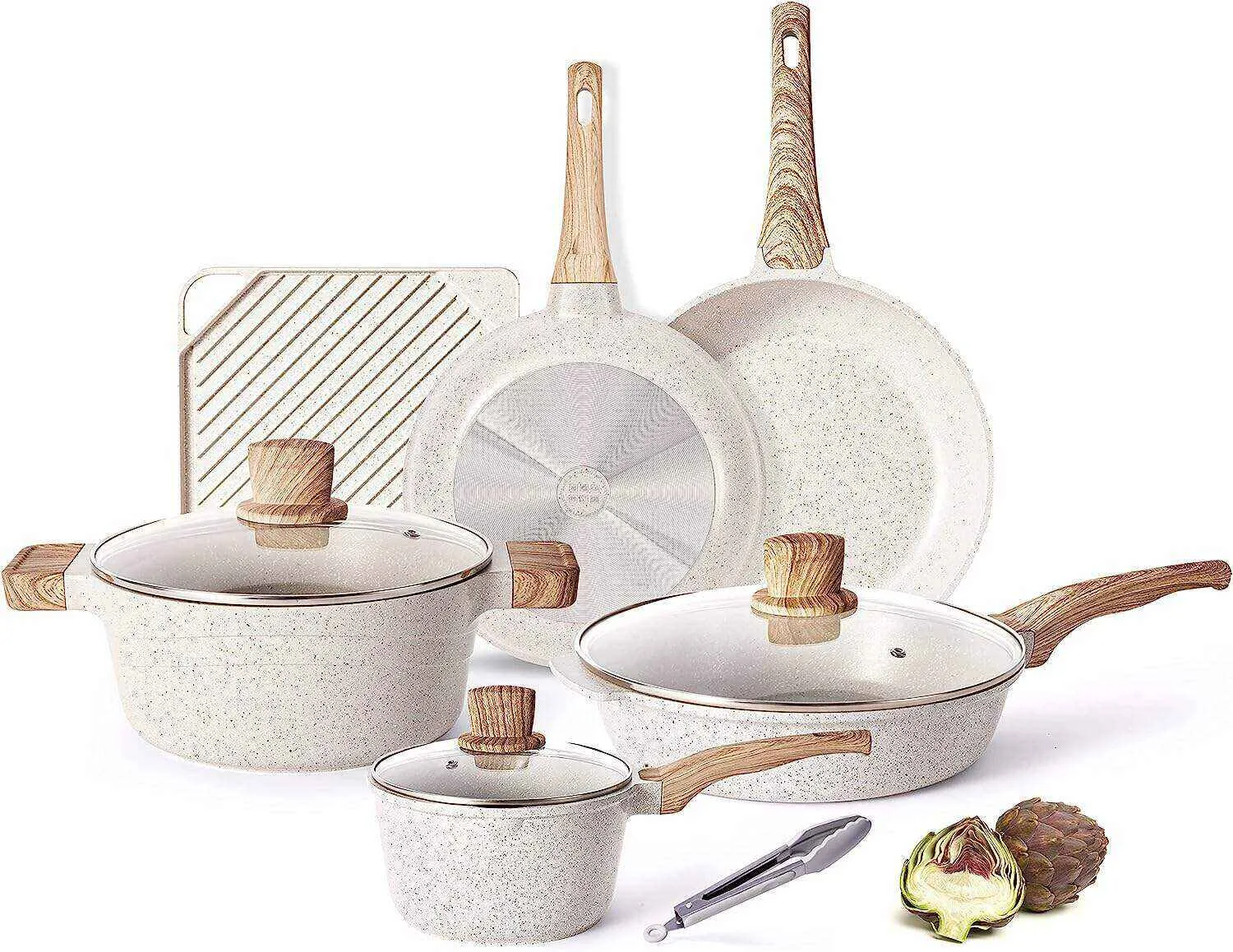 Juego de utensilios de cocina antiadherentes Caannasweis Sartenes de granito para cocinar Esenciales de cocina de piedra de mármol Juego de 11 piezas Beige