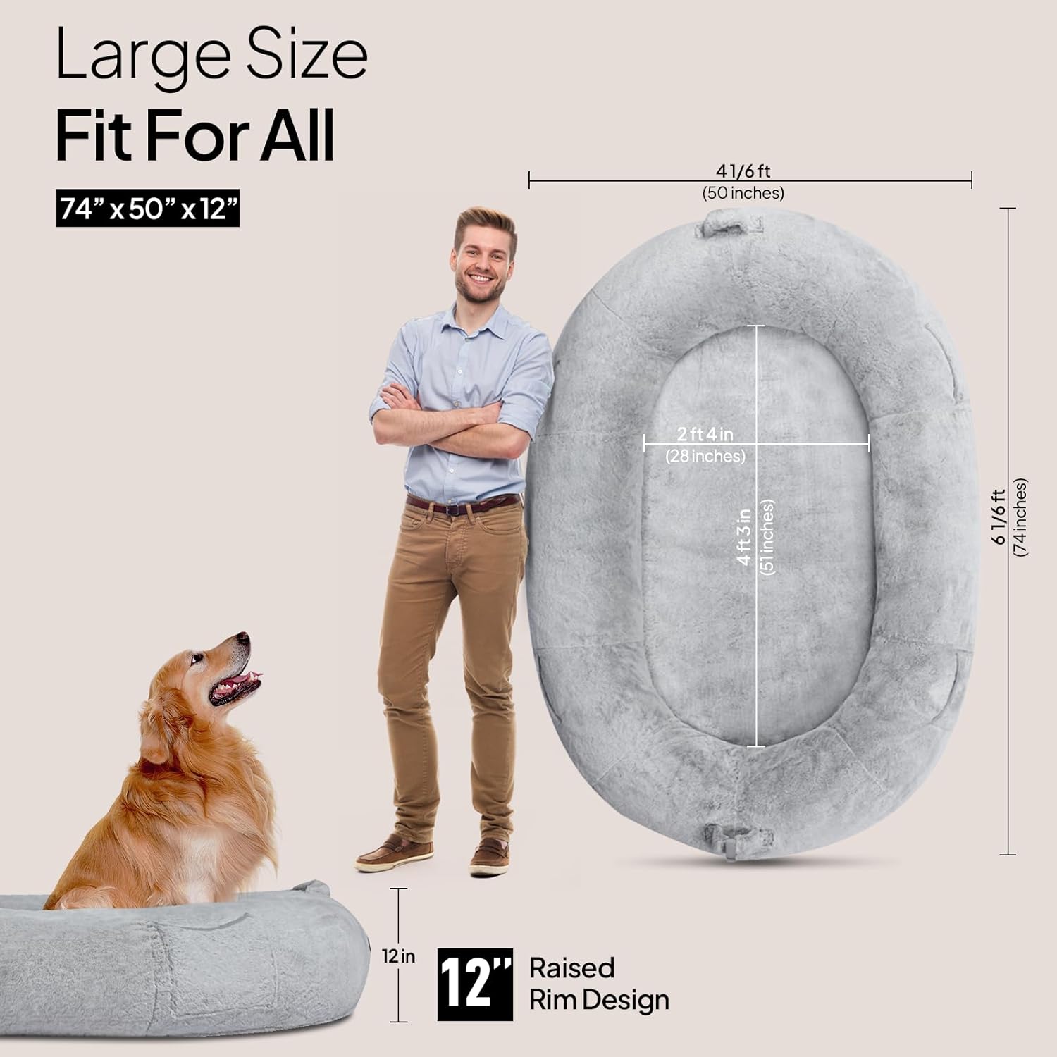 Cama para perros y humanos de tamaño grande: puf gigante para adultos, tamaño extra grande para niños, impermeable, lavable, antideslizante, color gris, 74 x 50 x 12 (gris y blanco)