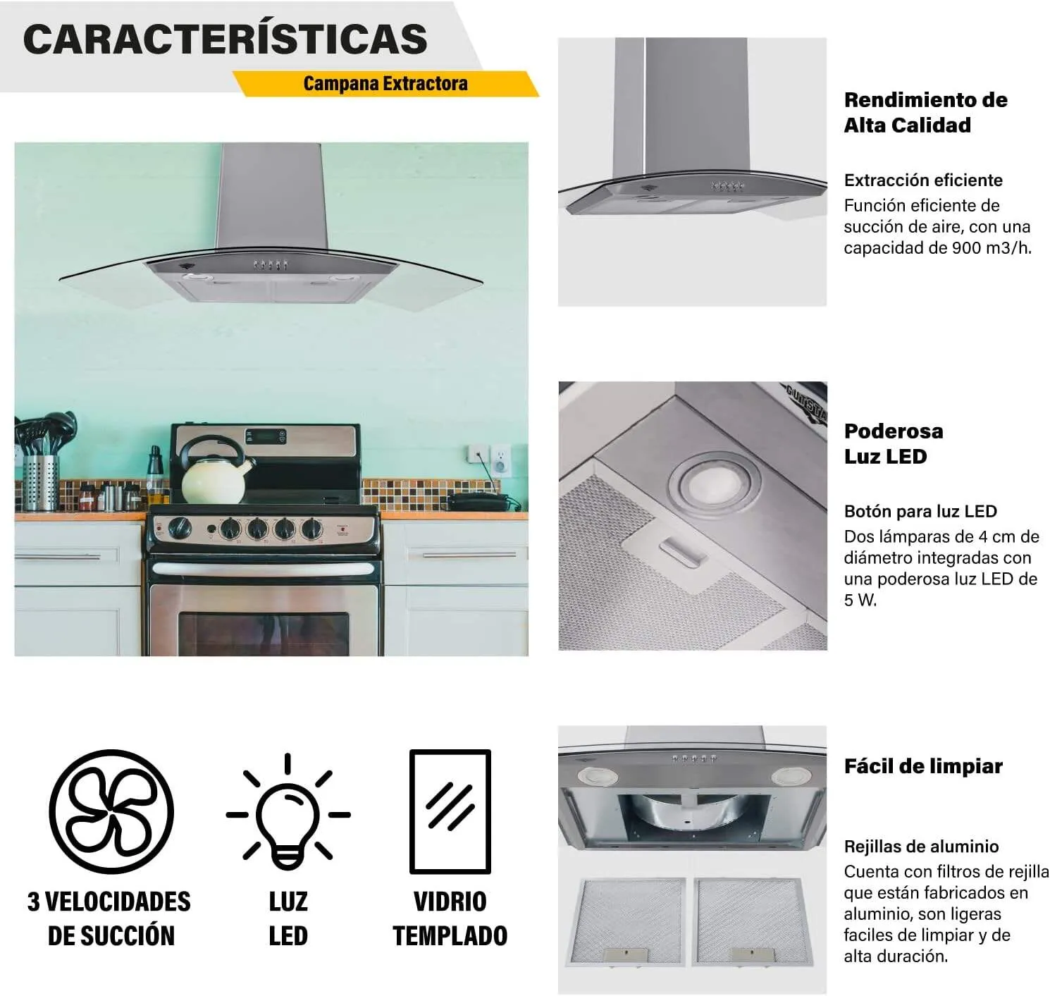 RACK & PACK Campana de Cocina para Pared Extractora Cristal Templado y Acero Inoxidable de 90 cm con Filtro Metalico Lavable 3 Velocidades Iluminacion 3 Luces LED Campanas de Cocina Extractor