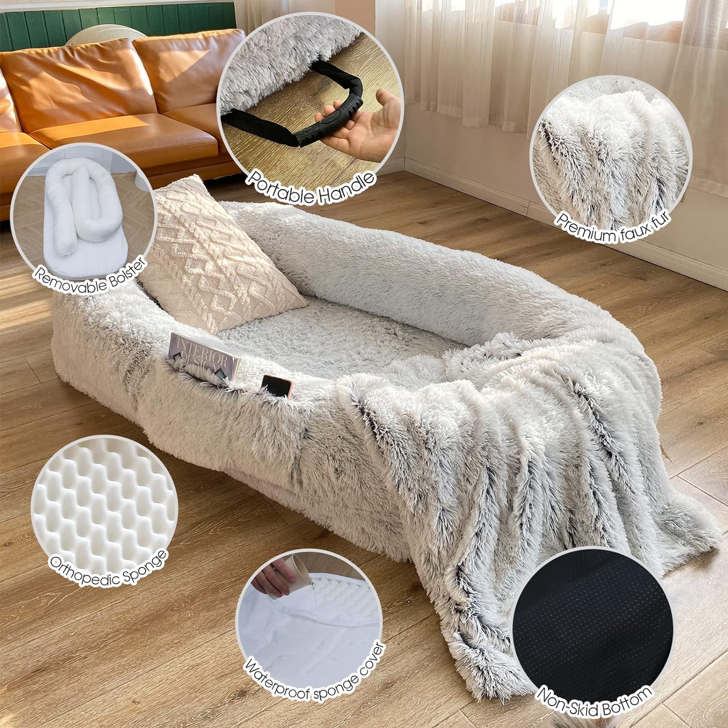Human Dog Bed Fits You and Pets for People Doze Off, Washable Faux Fur Napping Orthopedic Dog Bed, Present Plump Pillow, Blanket, Strap-, 71