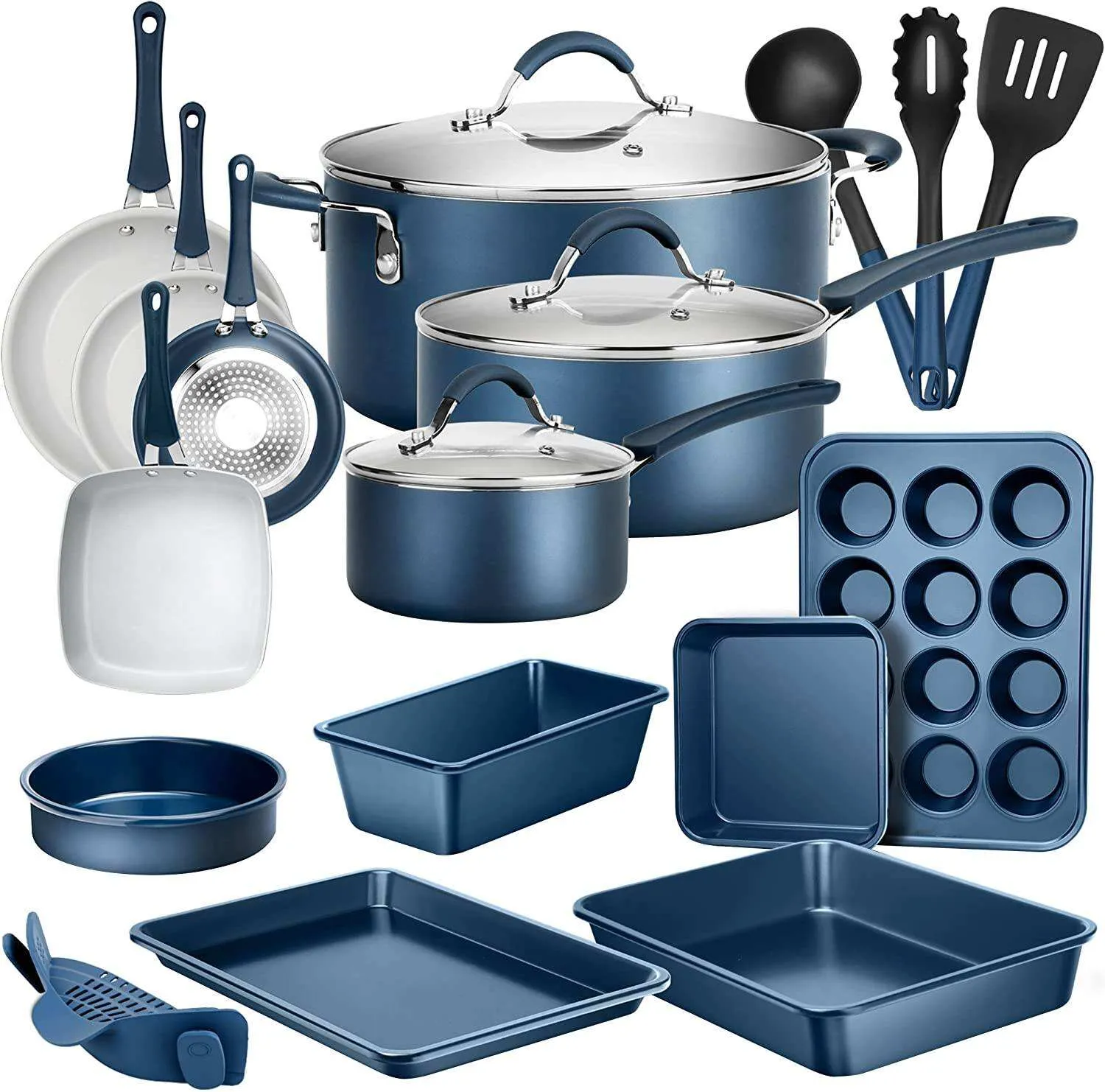 20-Piece Nonstick Kitchen PTFE/PFOA/PFOS-Free Heat Resistant Silicone Handles Cookware Bakeware Set w/Saucepan. Frying Pans. Cooking. Oven Pot. Lids. Utensil. -NCCW20SBLU. One Size. Navy