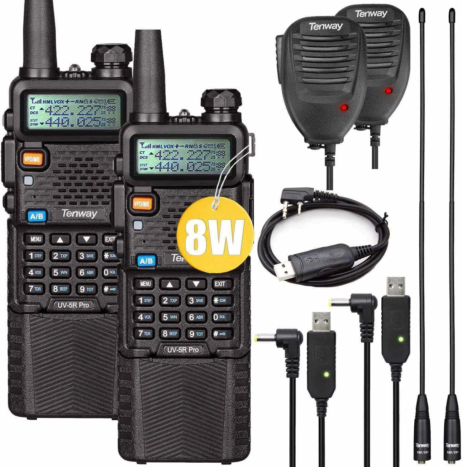 Radio de jamón Walkie Talkie UV-5R Pro 8W Dual Band Radio bidireccional con batería de 3800 mAh y micrófono de altavoz de mano y antena. paquete de 2 y un cable de programación USB