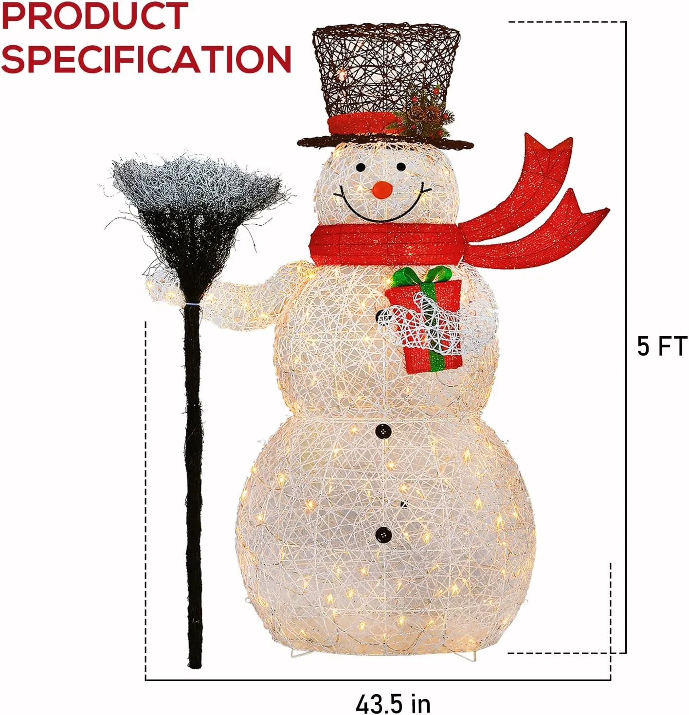 5FT Outdoor Lighted White Rattan Snowman, Christmas Snowman Yard Decoration with 120 Warm White LED Lights, Ground Stakes, Zip Ties