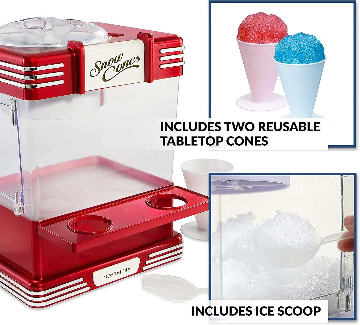 Máquina retro de conos de nieve para mesa. hace 20 golosinas heladas. máquina de hielo afeitado incluye 2 tazas de plástico reutilizables y cuchara de hielo. rojo retro