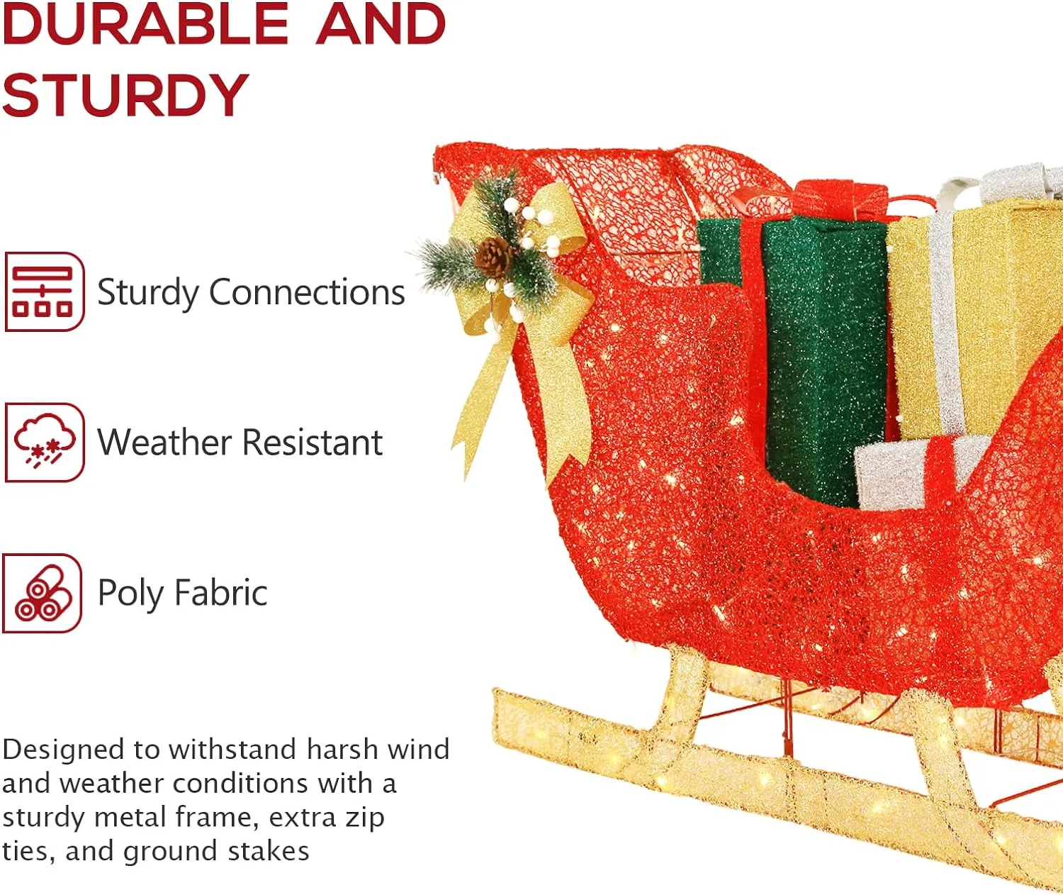 3FT 3D Genuine Lighted Christmas Sleigh, Outdoor Christmas Sleigh & Gift Boxes Yard Decorations with 140 Warm White LED Lights, Ground Stakes, Zip Ties, Red & Gold