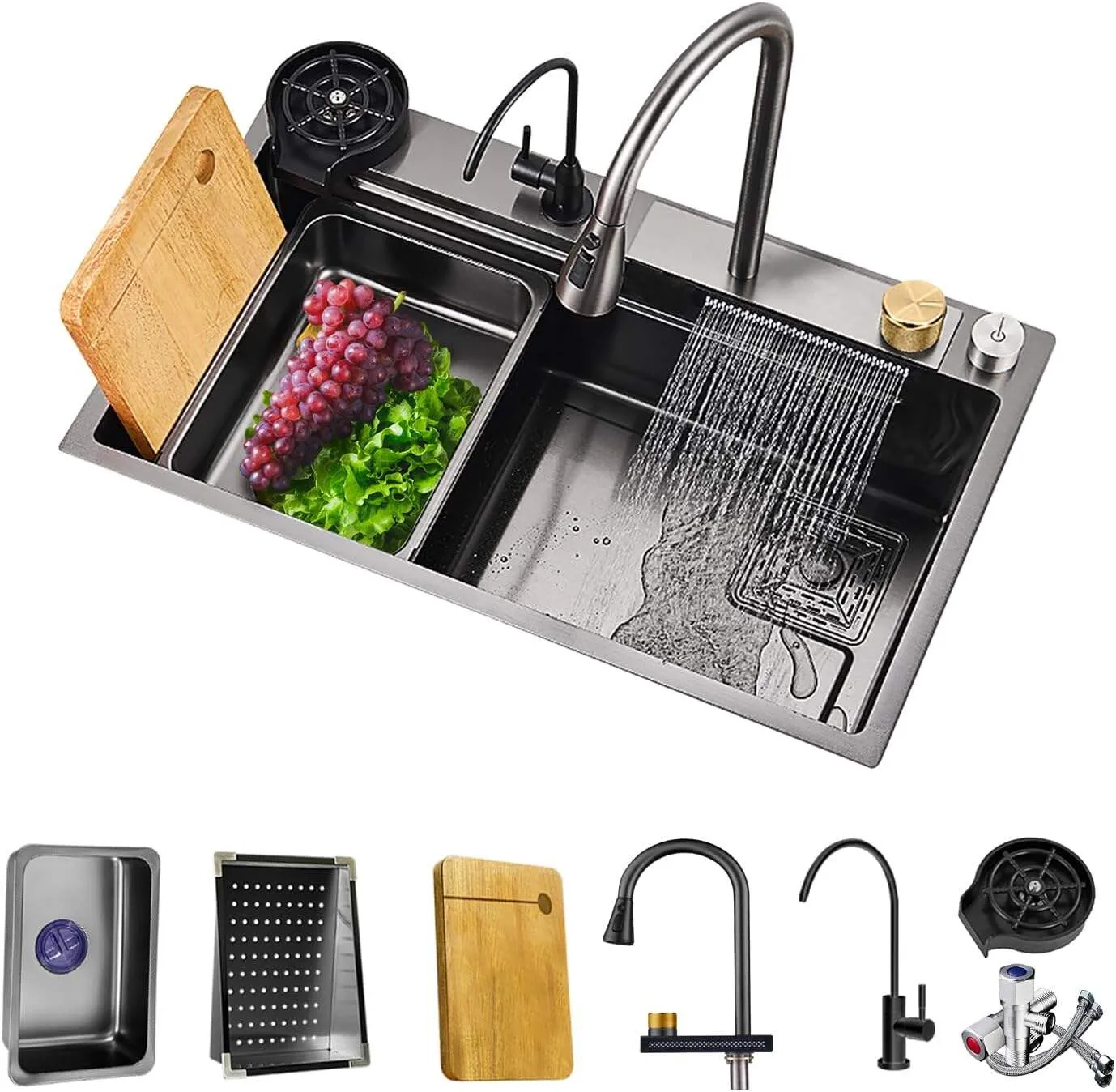 Fregadero de Cocina con Cascada Negro Acero Inoxidable con Extraíble Grifo Negra para Cocina Lavabo de cocina de Cuadrado con Múltiples Accesorios (80X45CM)
