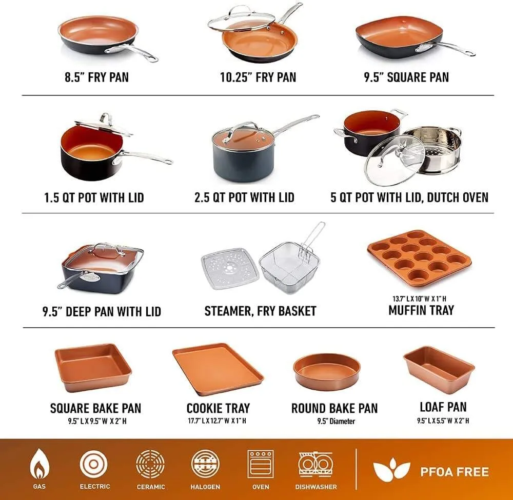 Steel Pots and Pans Set. 20 Pc Non Stick Cookware Set. Long Lasting Nonstick Kitchen Set with Pan Set. Pot Set. Baking Set. Stay Cool Handles. Dishwasher Safe. 100% Toxin Free-Copper