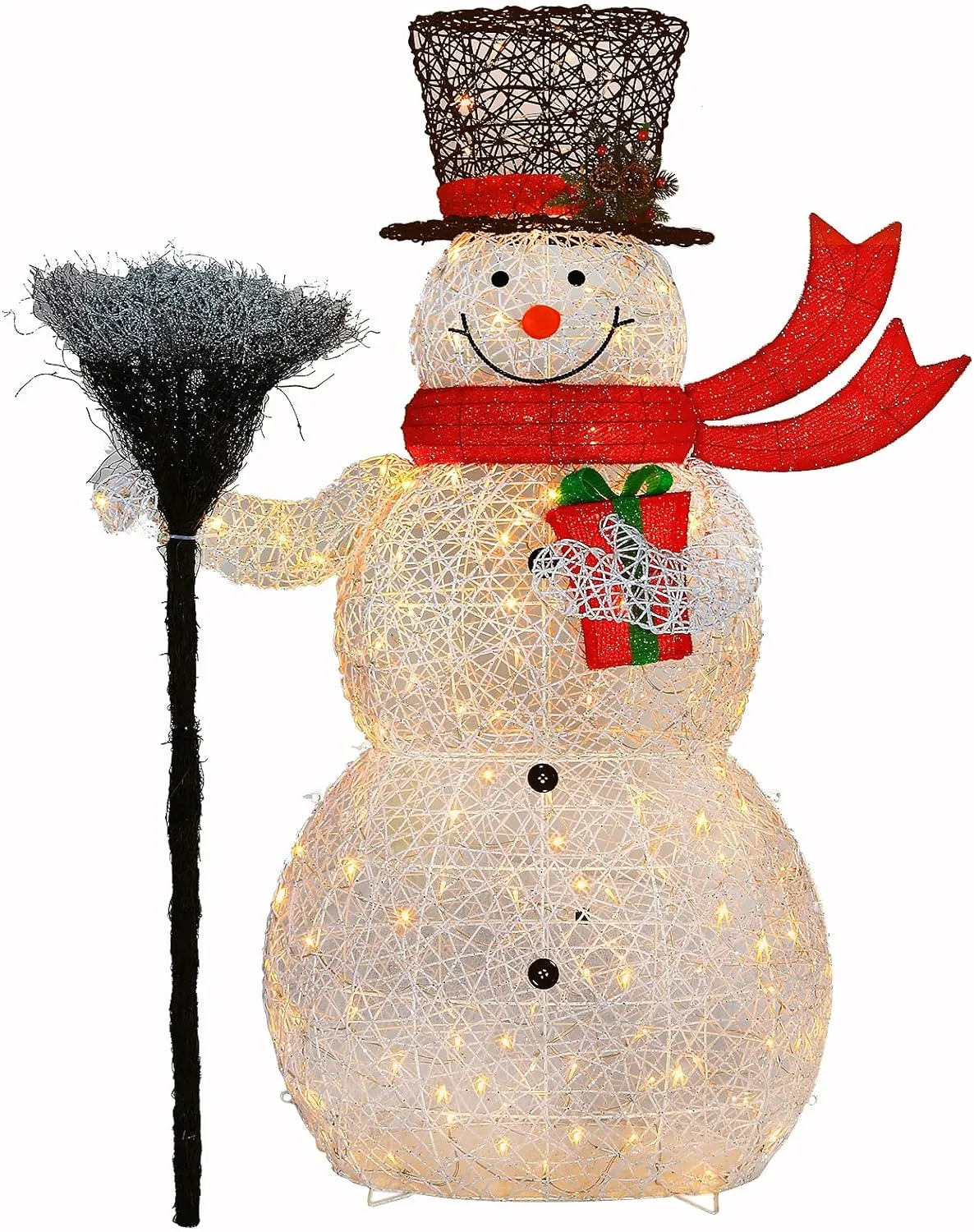 5FT Outdoor Lighted White Rattan Snowman, Christmas Snowman Yard Decoration with 120 Warm White LED Lights, Ground Stakes, Zip Ties