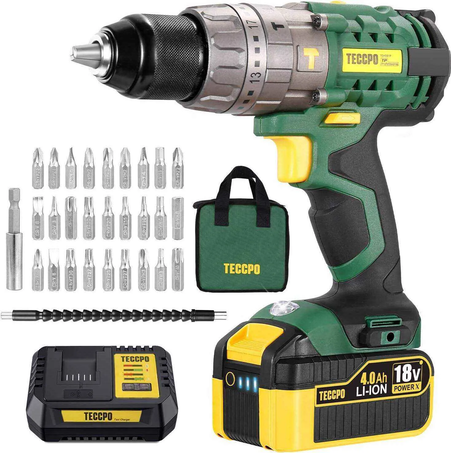 Taladro Atornillador Batería 18V. TECCPO Taladro Percutor a Bateria 60Nm. 4.0Ah Batería. 4A Cargador Rápido. 21+3 Ajustes Par. 33 Accesorios. 2 Velocidad. Perforar Cemento/Metal/Madera. Luz LED