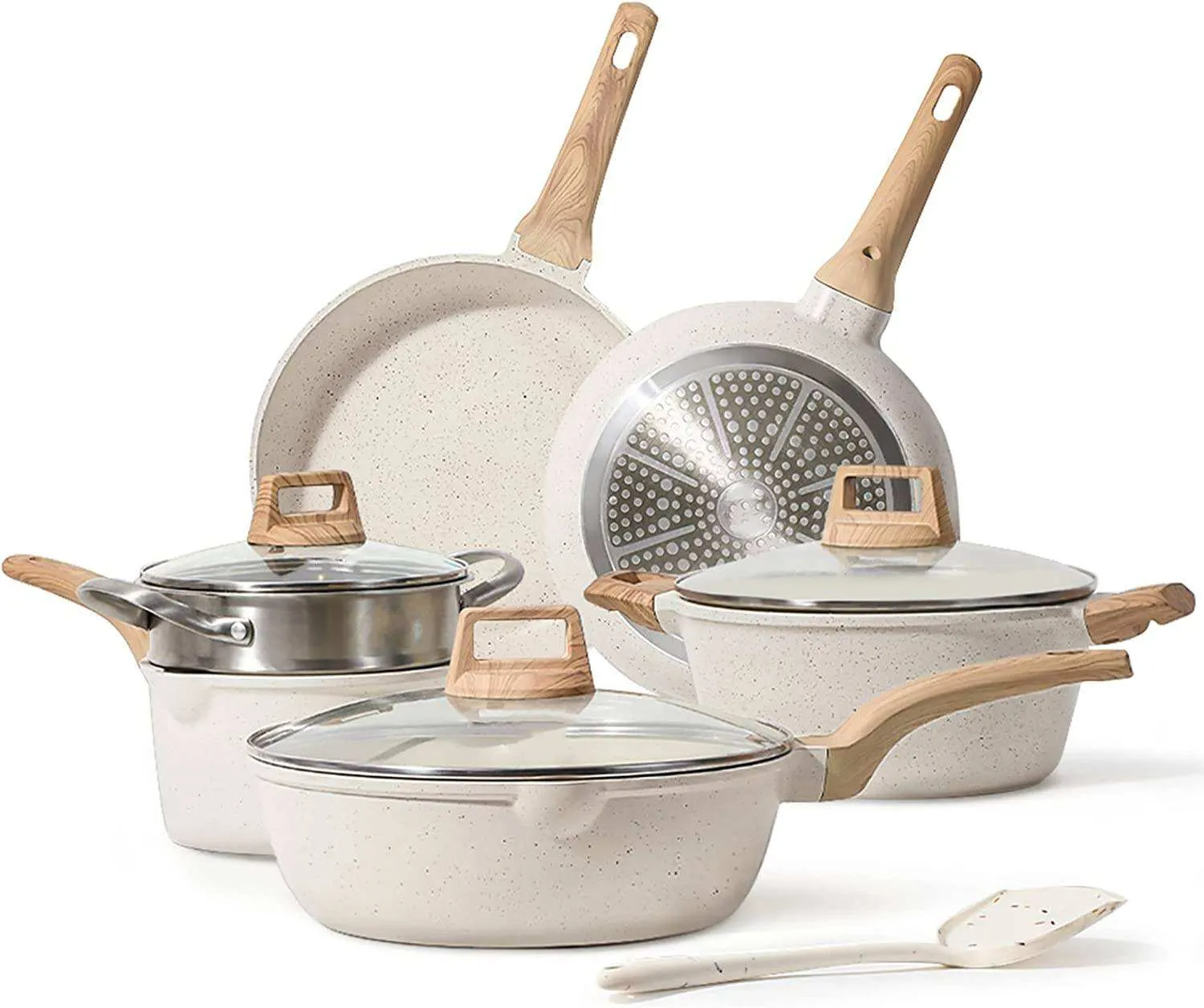 Pots and Pans Set Nonstick. White Granite Induction Kitchen Cookware Sets. 10 Pcs Non Stick Cooking Set w/Frying Pans & Saucepans(PFOS. PFOA Free)
