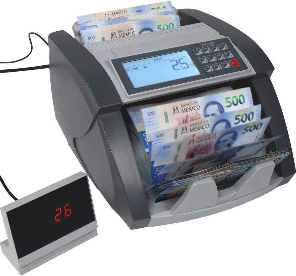 Rack & Pack Contadora de Billetes Detector de Billetes Falsos con Cuatro Filtros Dos Modos de Uso Cuenta 1000 Billetes por Minuto Doble Display Maquina para Contar Dinero Billetes Mexicanos Contador