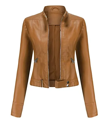 Chaqueta corta ajustada de cuero para mujer