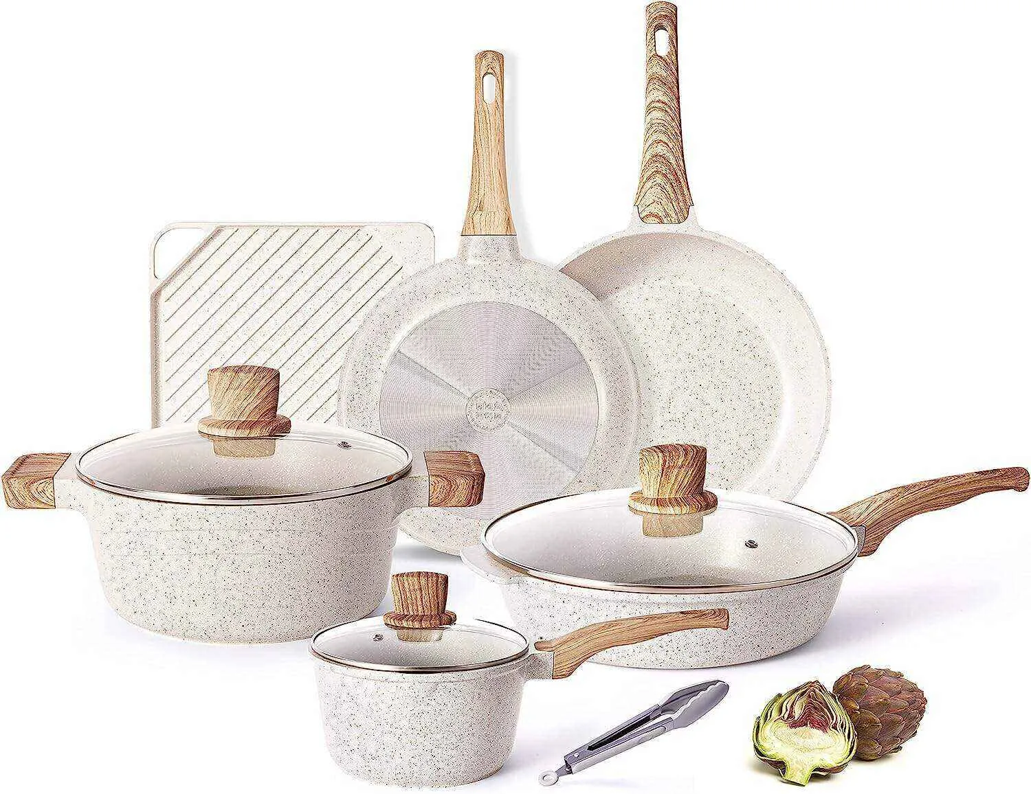 Juego de utensilios de cocina antiadherentes Caannasweis Sartenes de granito para cocinar Esenciales de cocina de piedra de mármol Juego de 11 piezas Beige