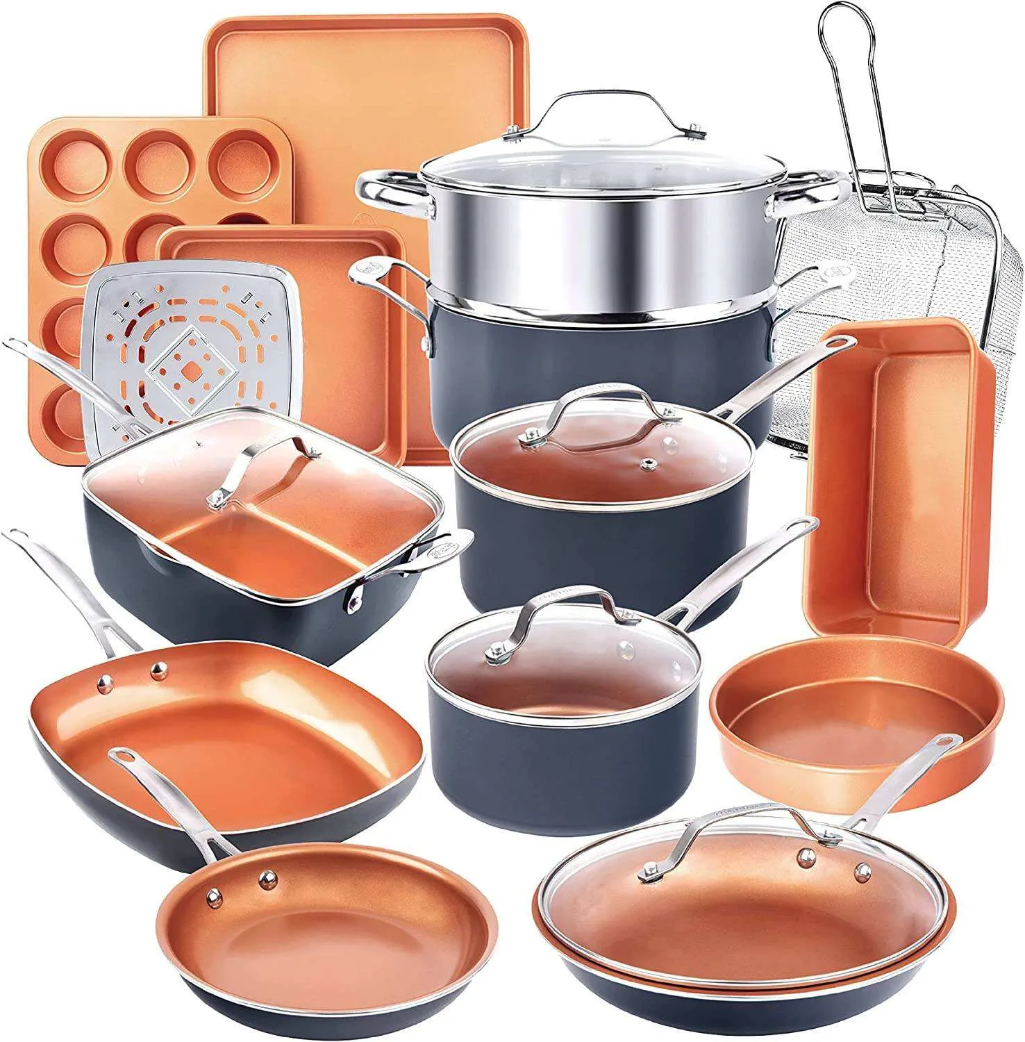 Steel Pots and Pans Set. 20 Pc Non Stick Cookware Set. Long Lasting Nonstick Kitchen Set with Pan Set. Pot Set. Baking Set. Stay Cool Handles. Dishwasher Safe. 100% Toxin Free-Copper
