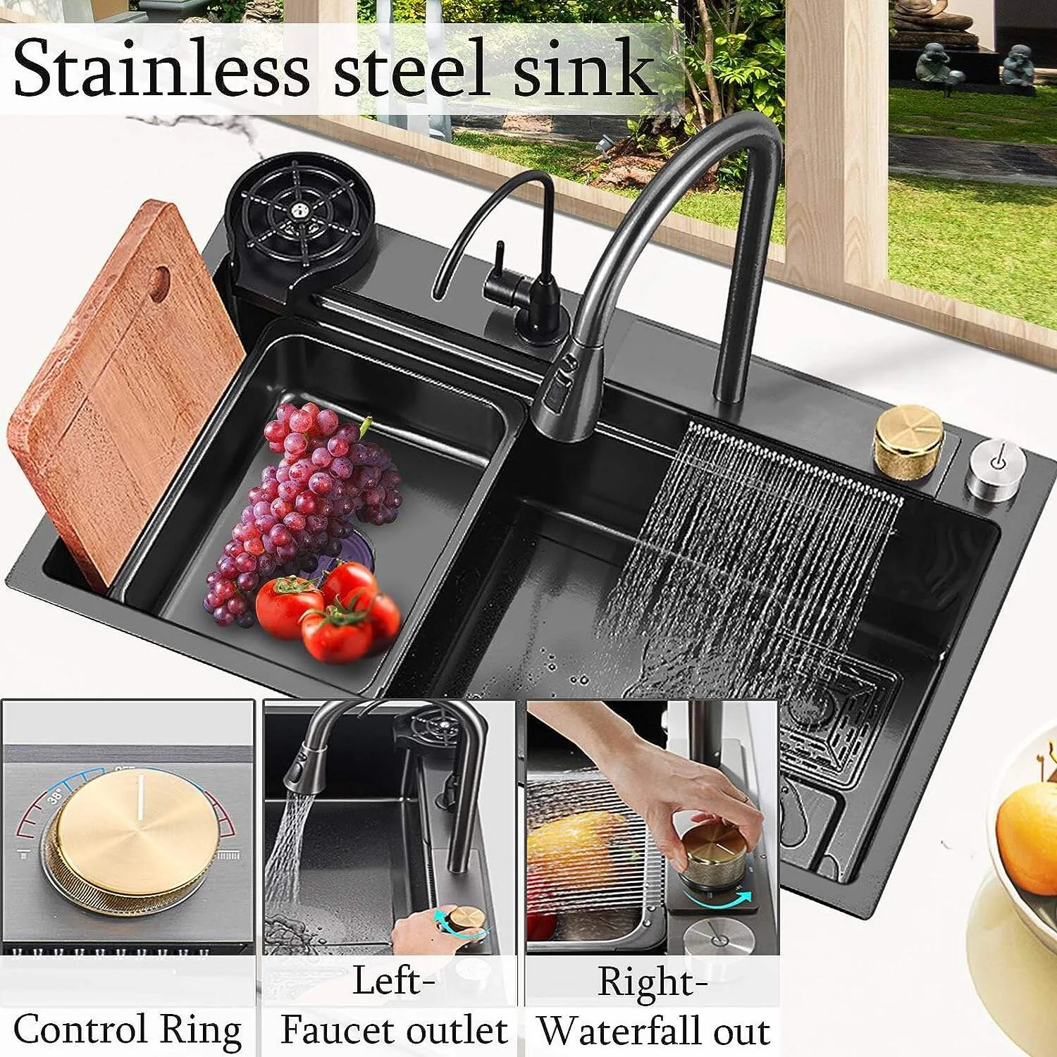 Fregadero de Cocina con Cascada Negro Acero Inoxidable con Extraíble Grifo Negra para Cocina Lavabo de cocina de Cuadrado con Múltiples Accesorios (80X45CM)