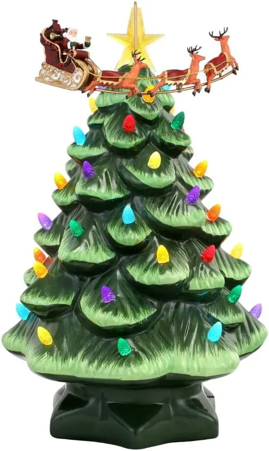 Mr. Christmas Nostalgic Ceramic Christmas Tree with LED, 14 Inches, Santa & Reindeer