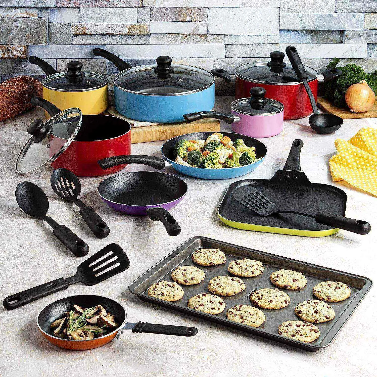 Ecolution Easy Clean Juego de utensilios de cocina antiadherentes, cuenta con elementos esenciales de cocina, juego de utensilios de cocina de bambú, tapas de vidrio ventiladas, asas ergonómicas, fabricado sin PFOA, apto para lavavajillas, 20 piezas