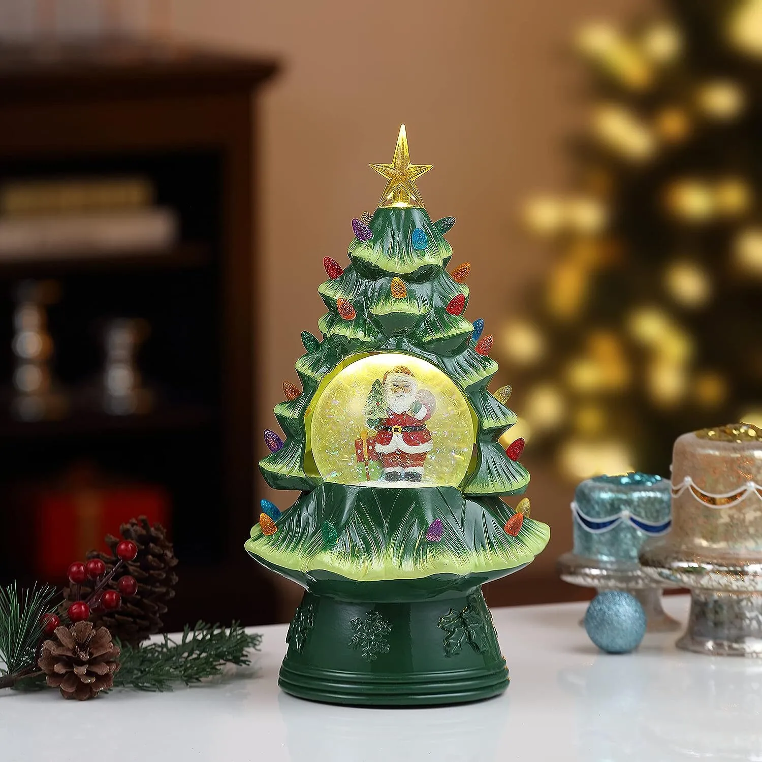 Mr. Christmas Nostalgic Ceramic Christmas Tree with LED, 14 Inches, Santa & Reindeer