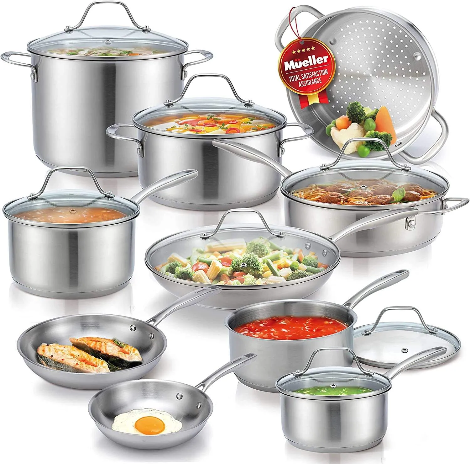 Pots and Pans Set 17-Piece. Ultra-Clad Pro Stainless Steel Cookware Set. Ergonomic and EverCool Stainless Steel Handle. Includes Saucepans. Skillets. Dutch Oven. Stockpot. Steamer and More
