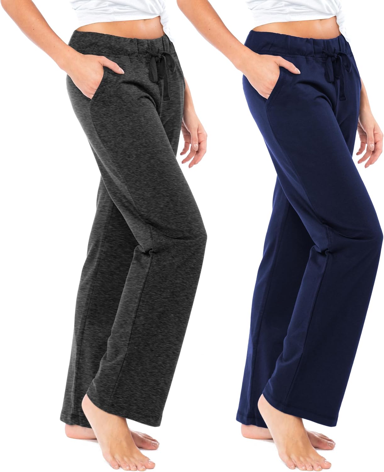Sexy Basics - Paquete de 2 pantalones largos ultra suaves de algodón de rizo francés con cordón para yoga