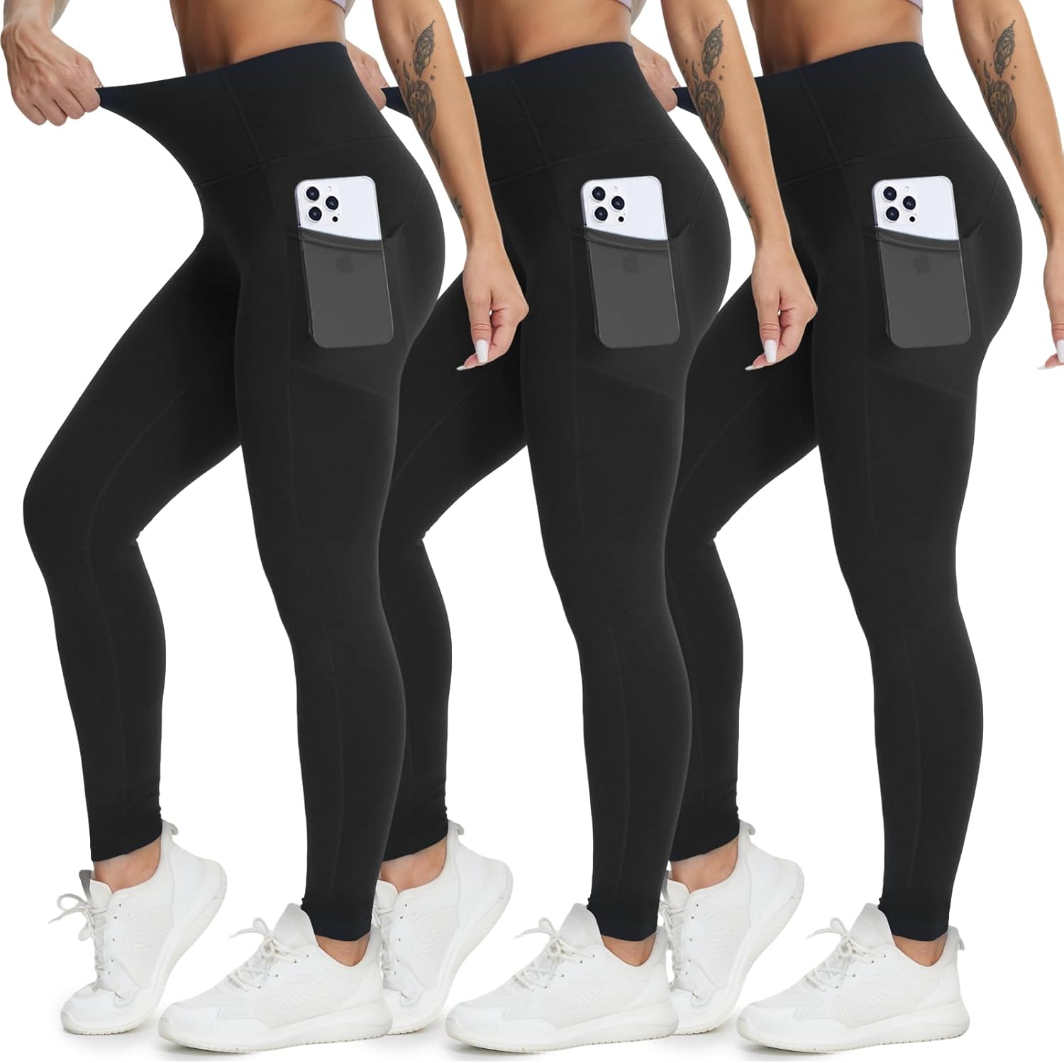 Paquete de 3 Leggins Deportivos Mujer con Bolsillos, Pants Mujer, Yoga Pants Mujer, Cintura Alta, Levantamiento Gluteos, No Se Transparentan, Ideal para Correr, Yoga, Pilates