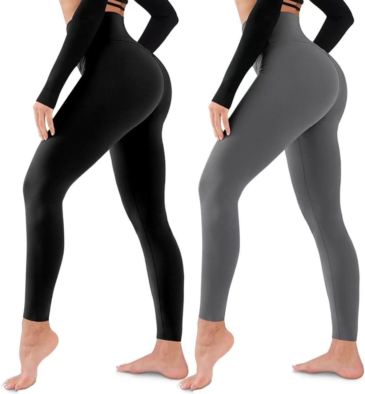 Paquete de 2 Leggings para Mujer,Leggins Deportivos Mujer Cintura Alta,Pantalones de Yoga Control de Abdomen,Yoga Pants No Se Transparentan,Ideal para Yoga, Correr,Pilates,Negro y Gris