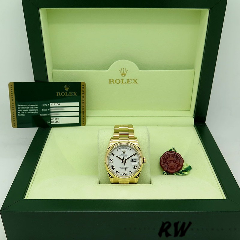 Rolex Day-Date 118208 Yellow Gold White Dial Roman Numeral 36mm Unisex Replica Watch
