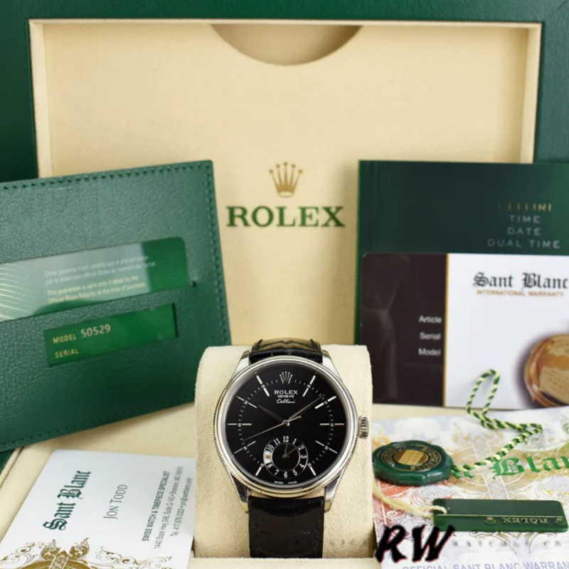 Rolex Cellini Dual Time 50529 Black Dial White Gold 39mm Mens Replica Watch