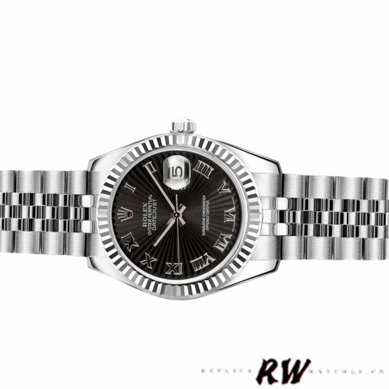 Rolex Datejust 179174 Sunbeam Black Roman Dial Fluted Bezel 26MM Lady Replica Watch