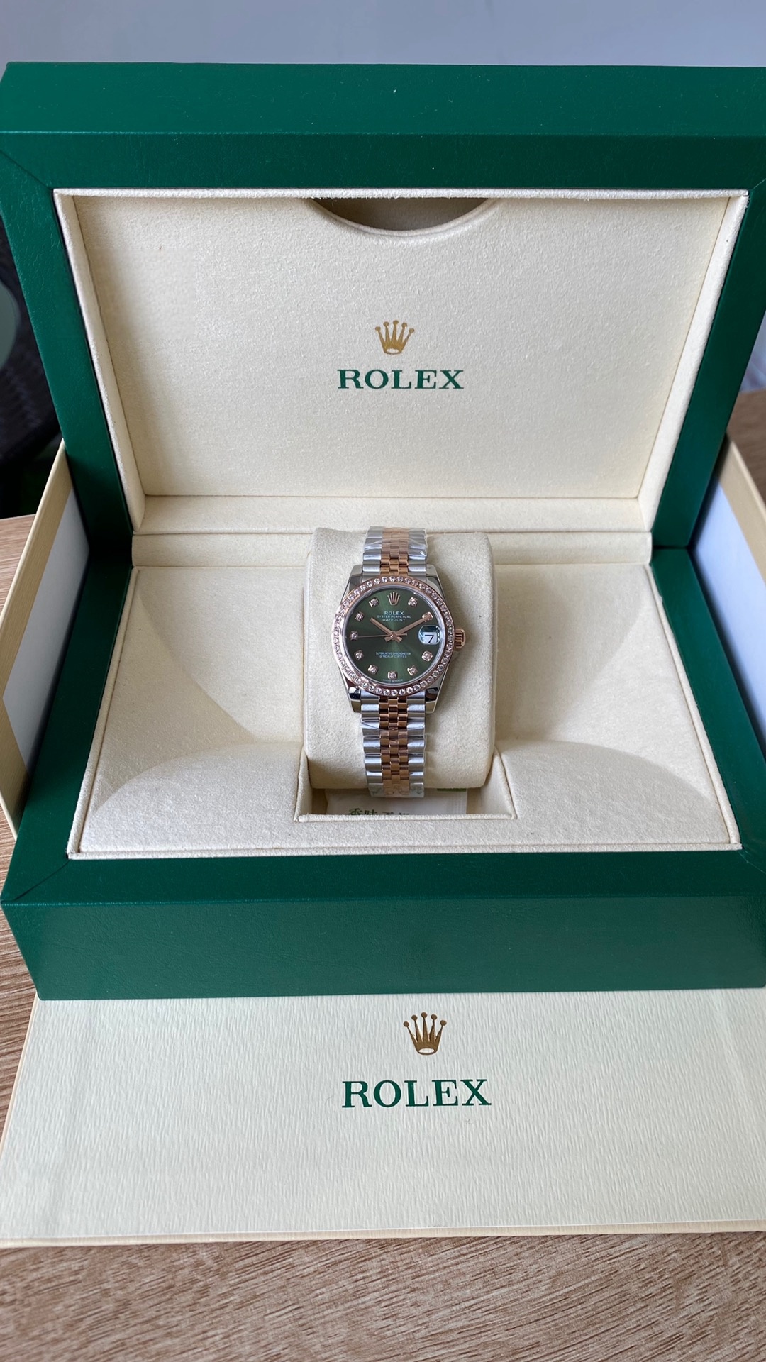 Rolex Datejust Olive Green Diamond Steel & Rose Gold 279381RBR 0007 Lady Watch