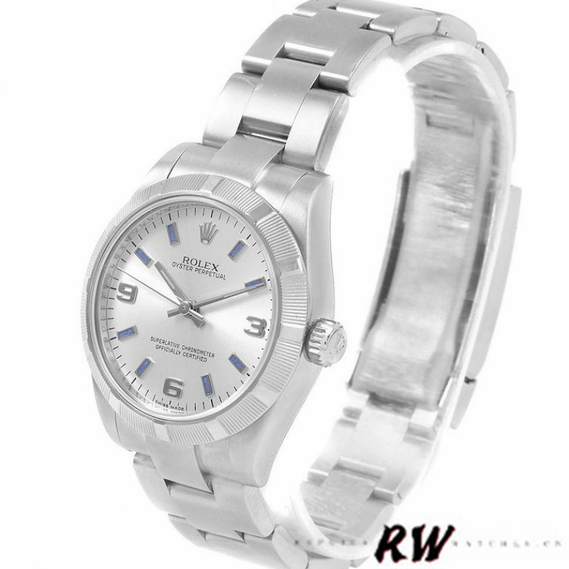 Rolex Oyster Perpetual 177210 Silver Dial Blue Hour Markers 31mm Lady Replica Watch