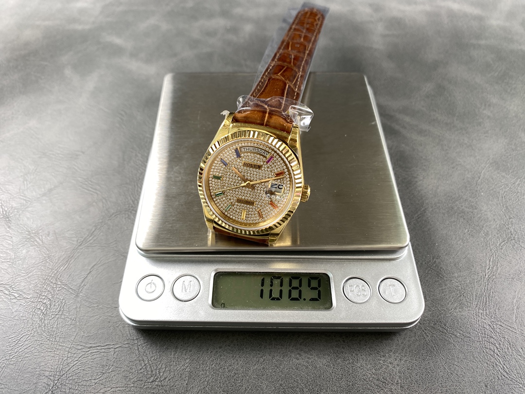 Rolex Day Date 36mm Yellow Gold 128238 0051 Pave Rainbow Diamond Dial Fluted Bezel