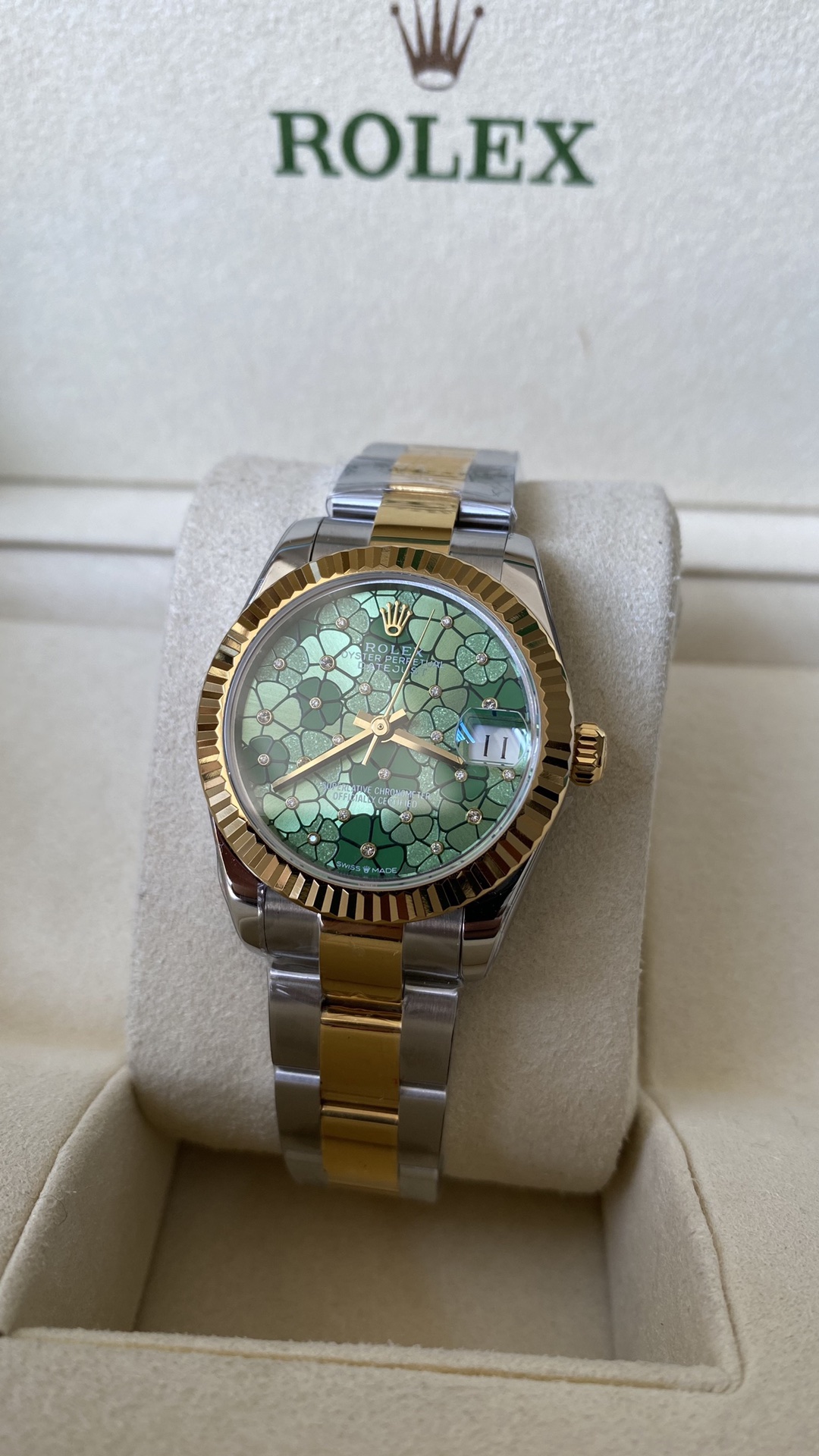 Rolex Datejust 31 Yellow Gold Olive Green Floral Motif Diamond Dial m278273 0031