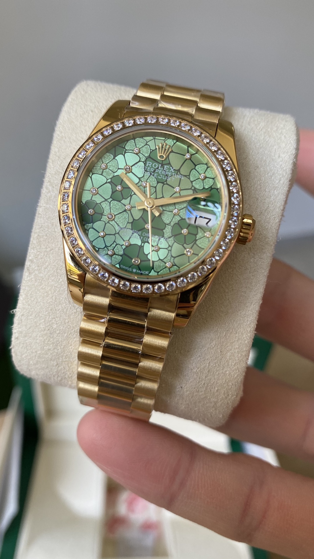 Rolex Datejust 31 Yellow Gold Olive Green Floral Motif Diamond Bezel M278288RBR 0038