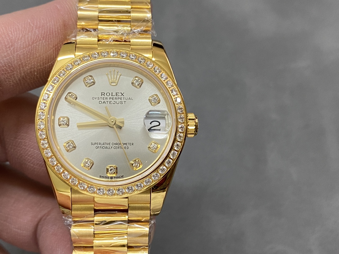 Rolex Datejust 31 Yellow Gold Silver Diamond Dial Diamond Bezel M278288RBR 0028 Women's Watch