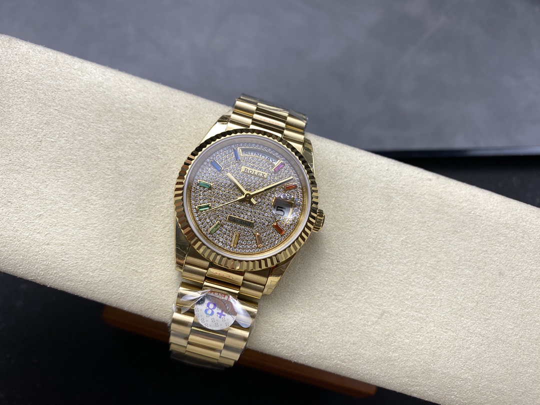 Rolex Day Date 36mm Yellow Gold 128238 0051 Pave Rainbow Diamond Dial Fluted Bezel