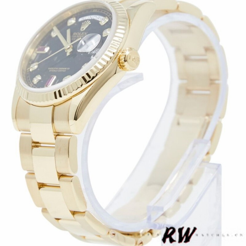 Rolex Day Date 118238 Yellow Gold Black Diamond Dial Fluted Bezel 36mm Mens Replica Watch