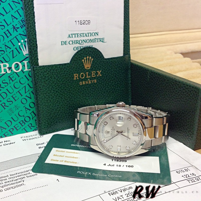 Rolex Day-Date 118209 Silver Diamond Dial Automatic 36mm Unisex Replica Watch