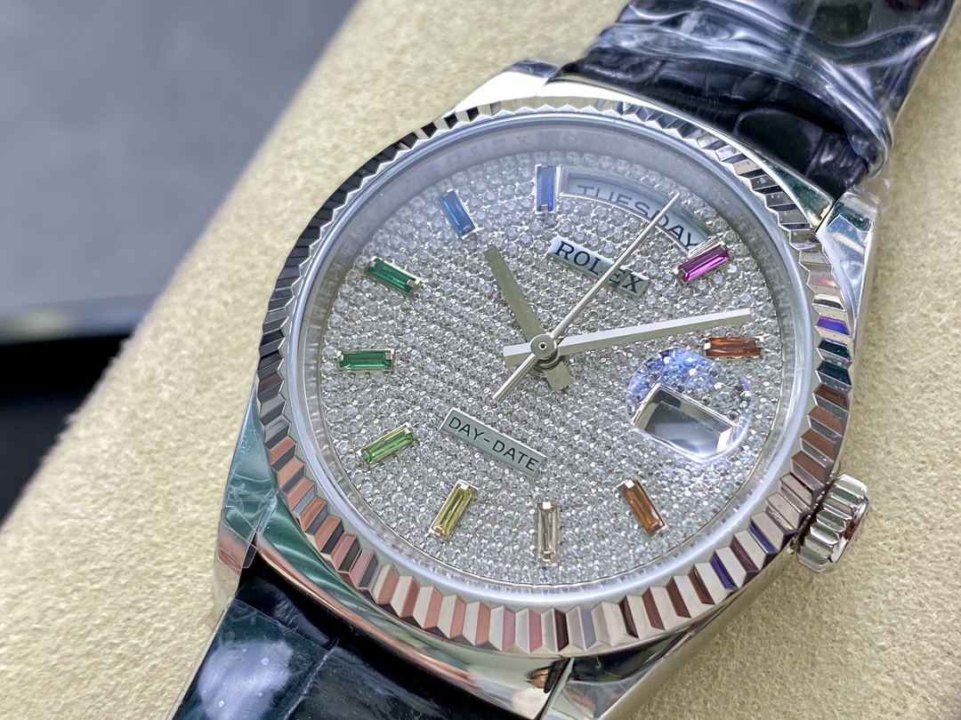 Rolex Day Date 36mm White Gold 128349RBR 0006 Pave Rainbow