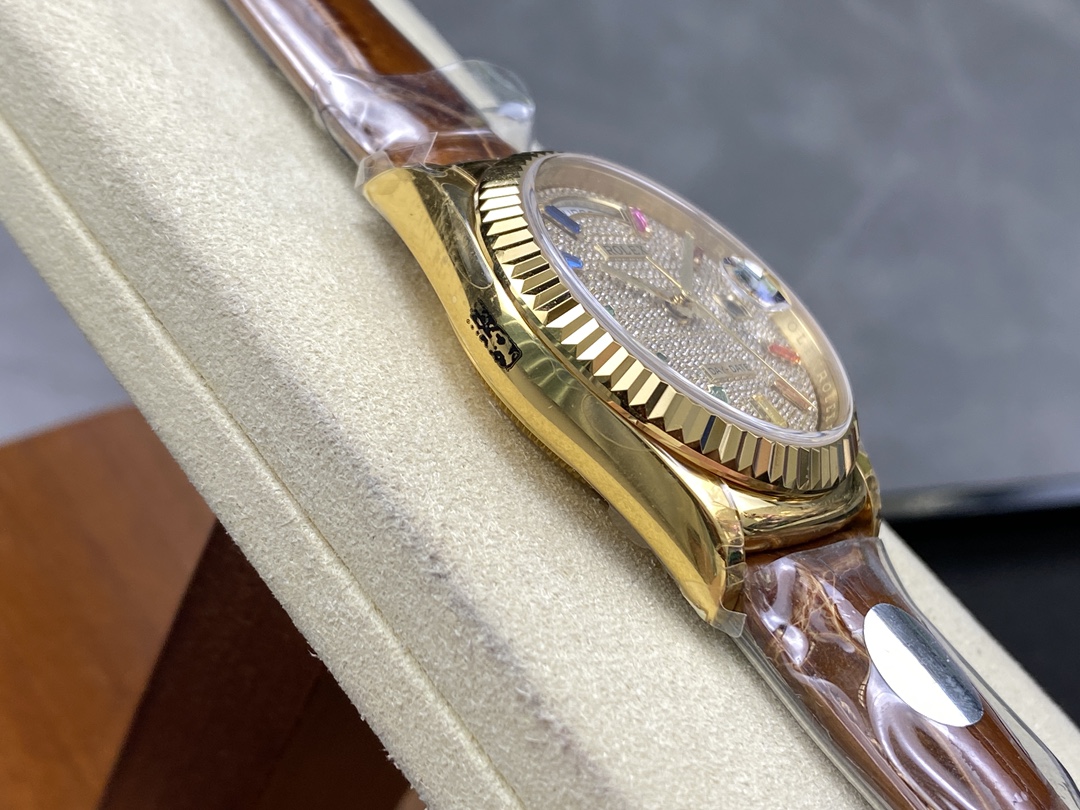 Rolex Day Date 36mm Yellow Gold 128238 0051 Pave Rainbow Diamond Dial Fluted Bezel